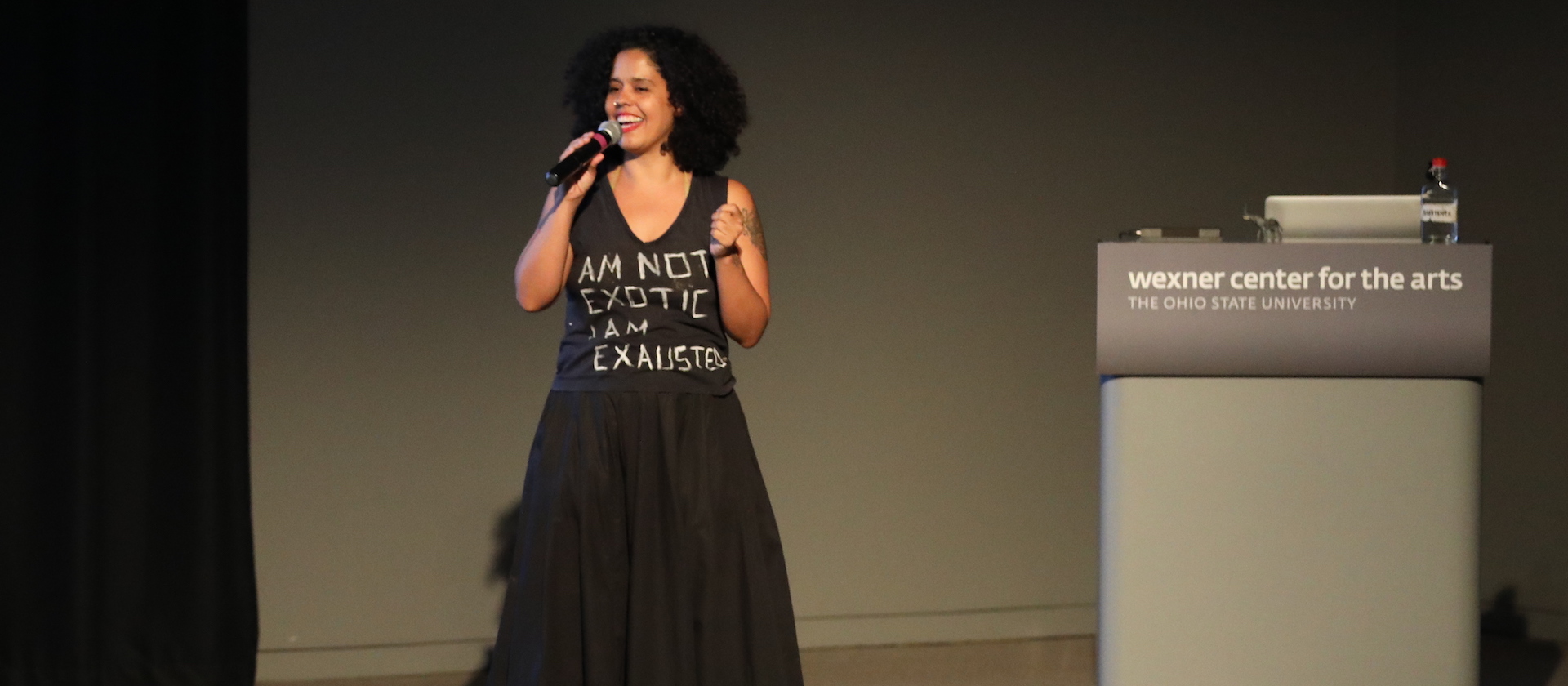 Performance choreographer Awilda Rodriguez Lora during an artist talk at the Wexner Center for the Arts at The Ohio State University on March 5, 2019