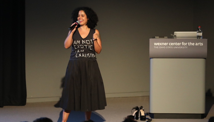Performance choreographer Awilda Rodriguez Lora during an artist talk at the Wexner Center for the Arts at The Ohio State University on March 5, 2019