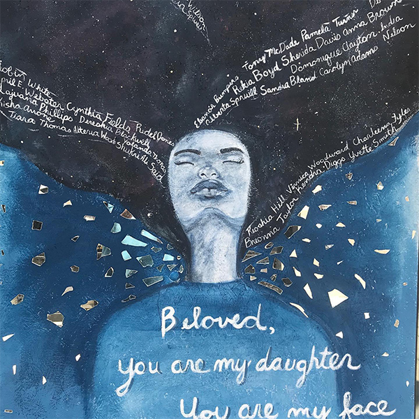 A mural by Columbus artist April Sturkey Sunami of a woman's figure adorned with a quote from Toni Morrison's Beloved and the names of victims of police violence