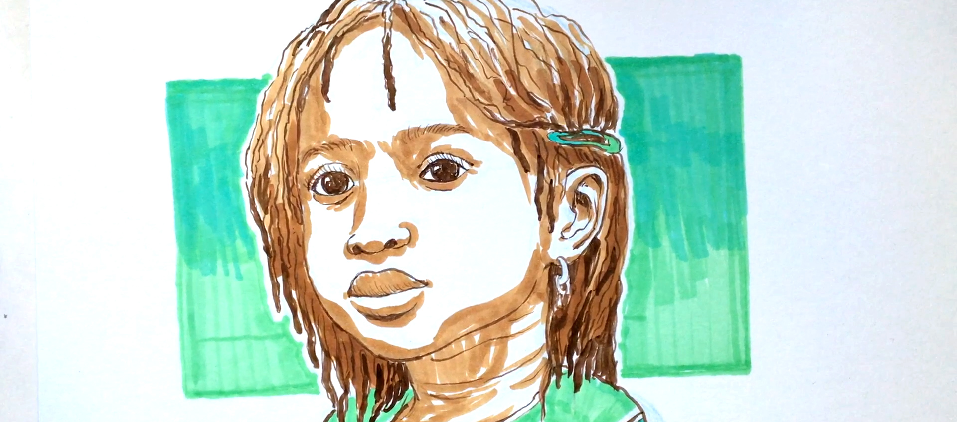 Portrait of a young girl of color against a green color block by illustrator & children's book author Robert Liu-Trujillo
