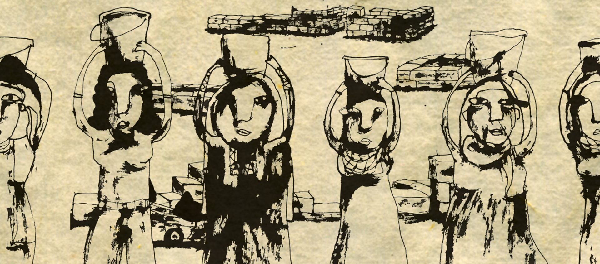 A line drawing of multiple female figures in a row holding vessel up on their heads.