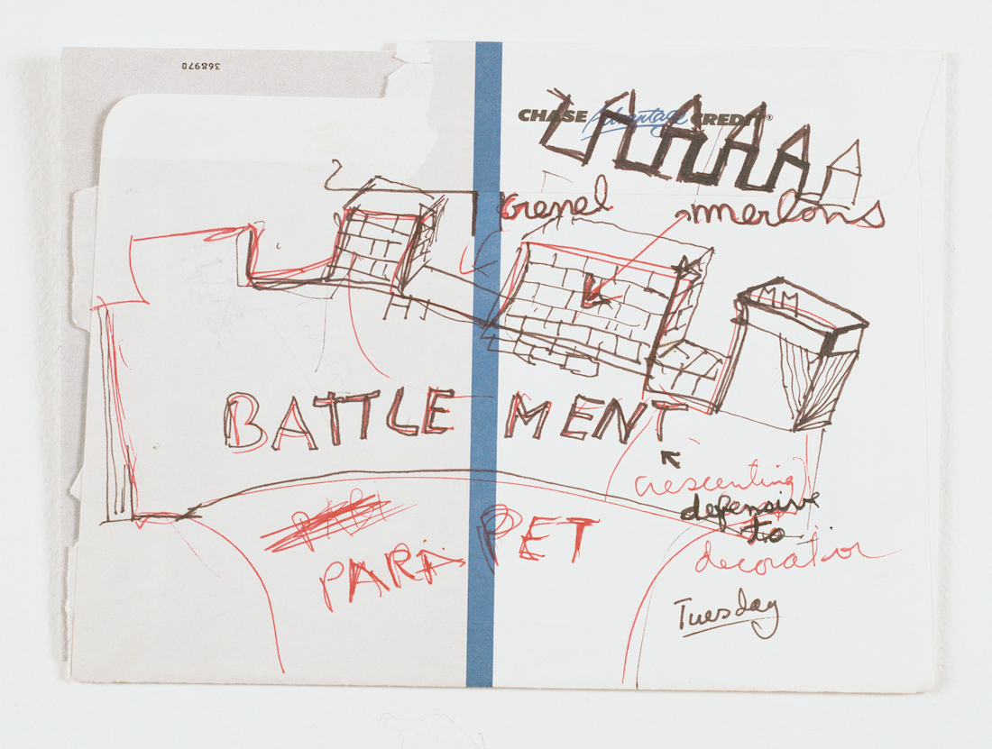 Artist Chris Burden's initial sketch for the 1990 installation Wexner Castle